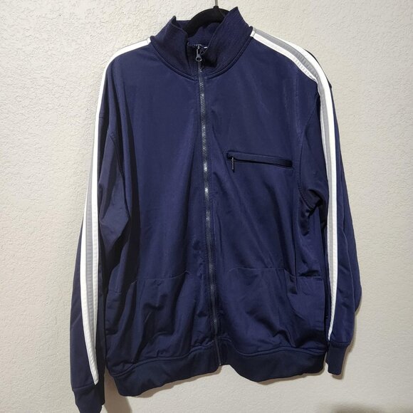 Athletic Works Track Jacket Mens Large Navy Full Zip Stripe Sleeve Mock Neck - Picture 1 of 14